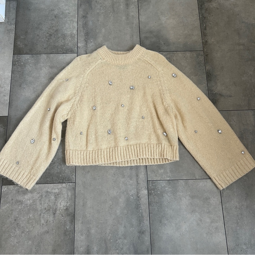 ASOS design fluffy jumper cream embellished crystals crewneck knit sweater 8
